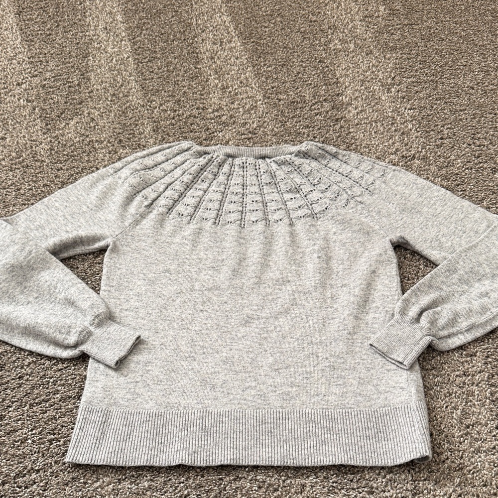 LOFT Light Heather Gray Knit Crewneck Sweater with Textured Yoke - Picture 4 of 6